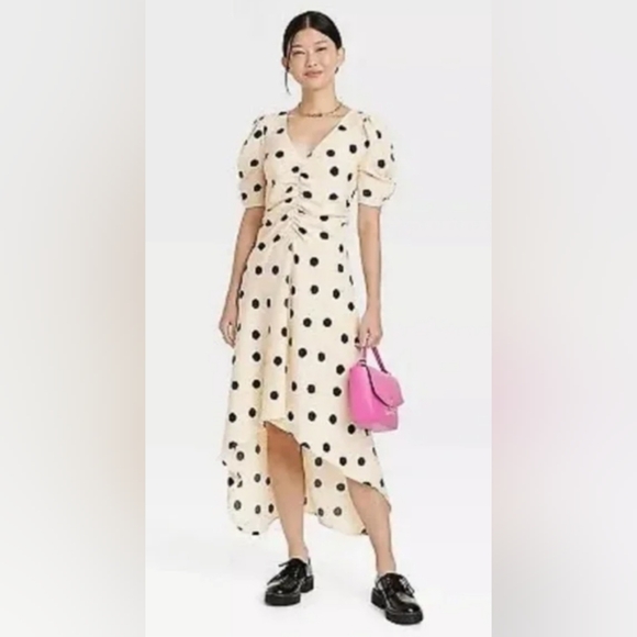 a new day Dresses & Skirts - NWT A New Day Crepe Short Sleeve Midi Dress Beige Polka DotThe puff short-sleeve